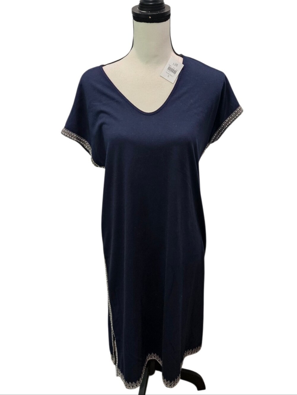 Purejill Navy Short Sleeve Tshirt Dress with Embroidered Trim NEW Womens